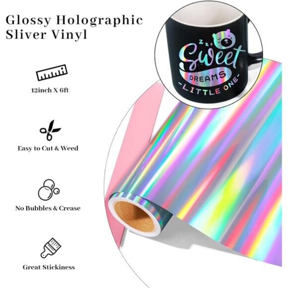 Sliver Holographic Vinyl,Holographic Silver Permanent Vinyl - 12" X 6FT Glossy - Picture 6 of 7